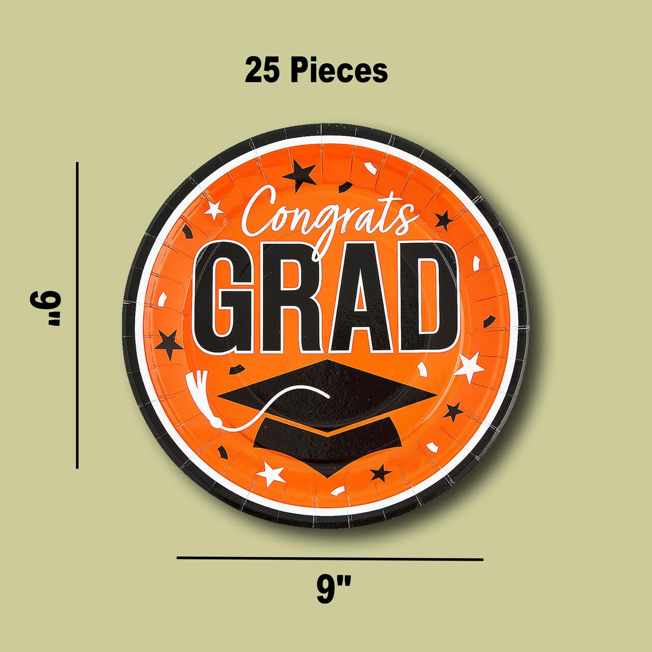 25 Count Graduation Party Plates Orange Round 9 Inch Paper Congrats Grad Table Setting